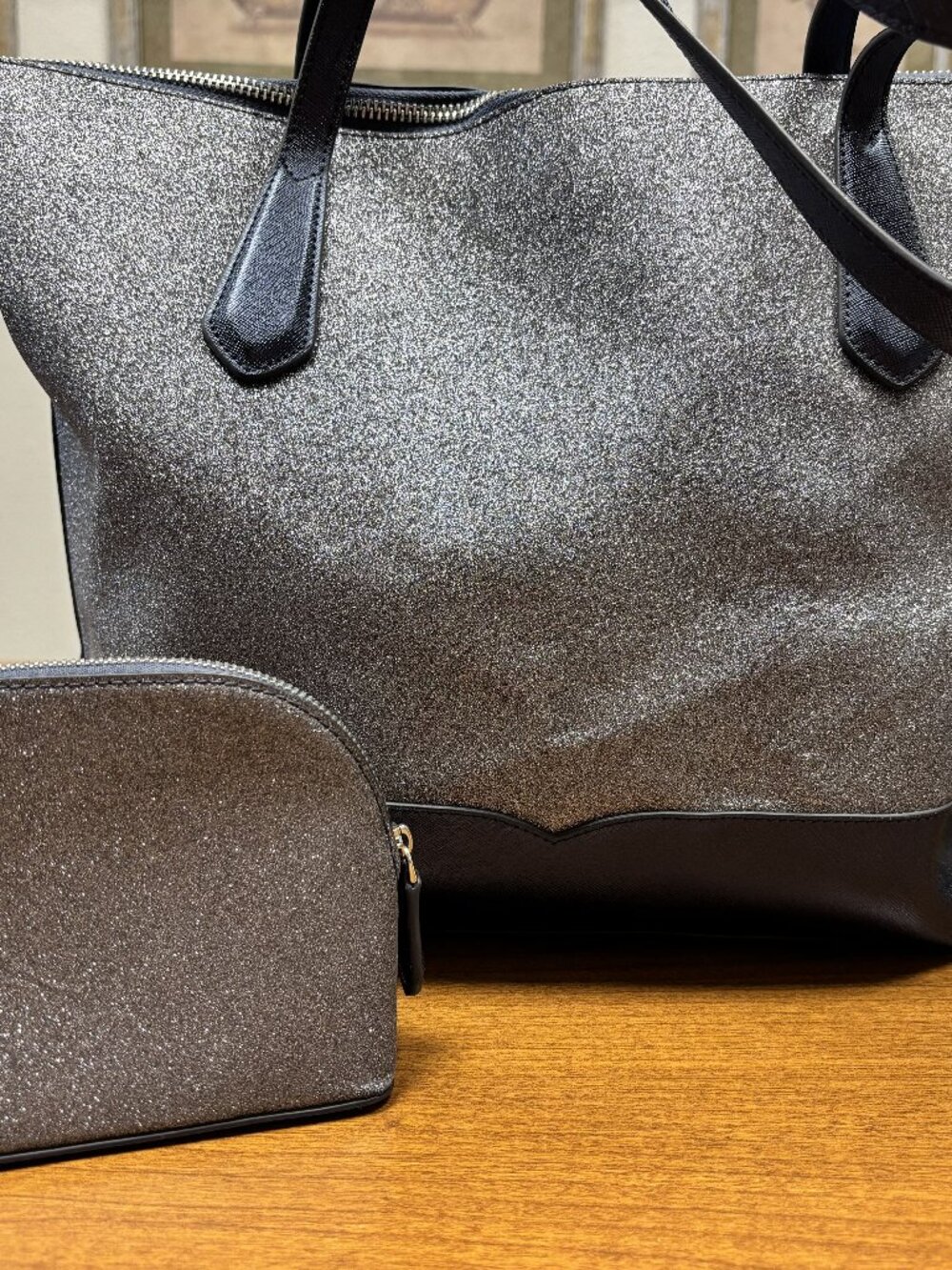Kate Spade New York Glitter Tote Bag & Matching Cosmetic Pouch Gunmetal Large EU - Picture 2 of 9